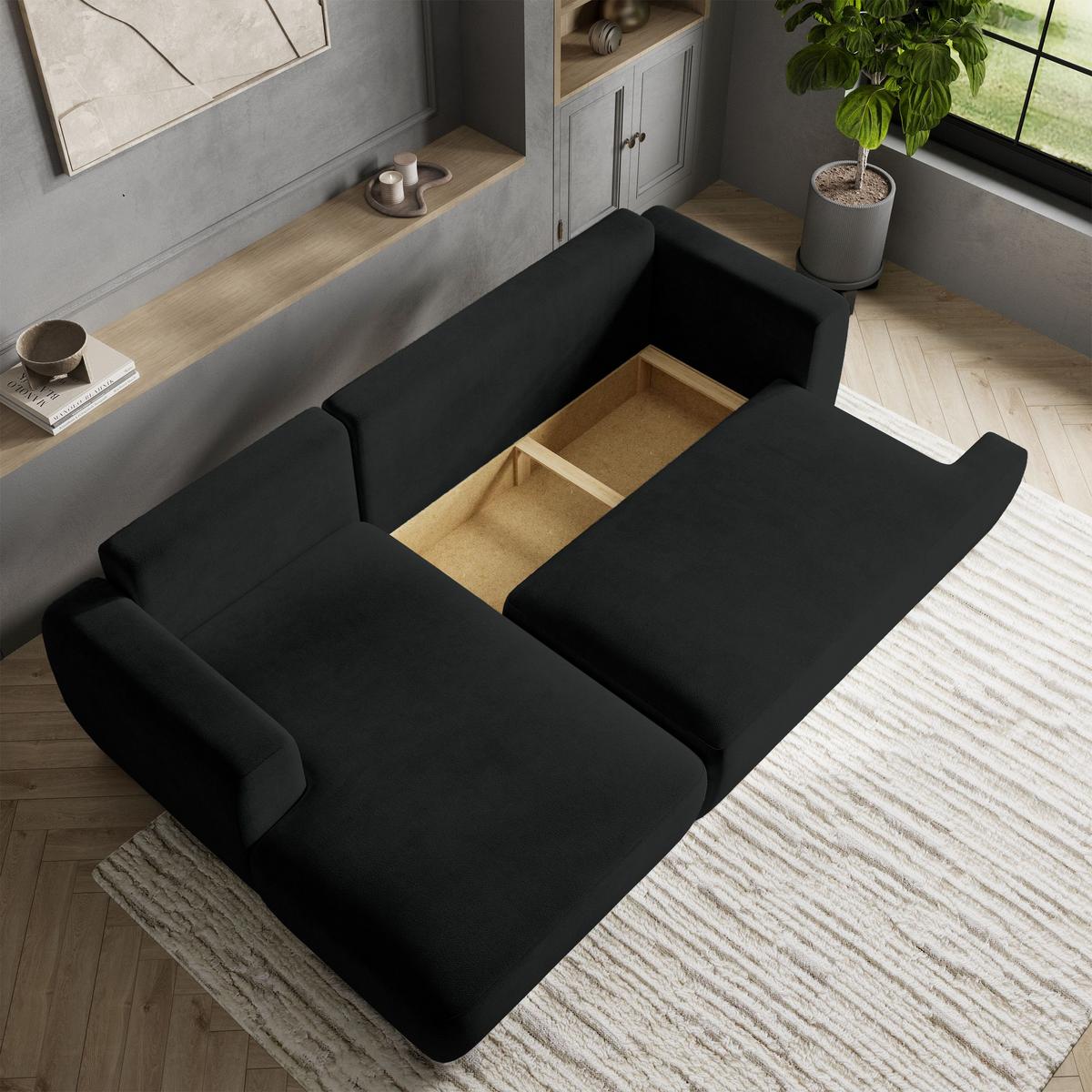 ECKSOFA SENTI K L-S Schwarz Plüsch-Stoff mit Schlaffunktion - Schwarz, Holz/Kunststoff (246/148cm) - MASSENO