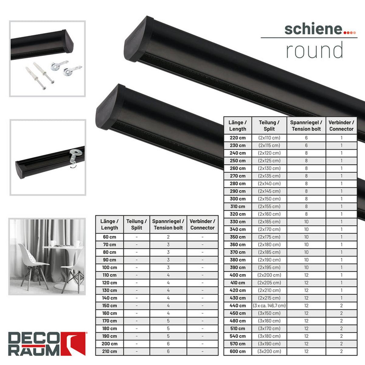 GARDINENSCHIENE auf Maß 1-lauf Deckenmontage Round 410cm - Schwarz, Metall (410cm) - Deco-Raum