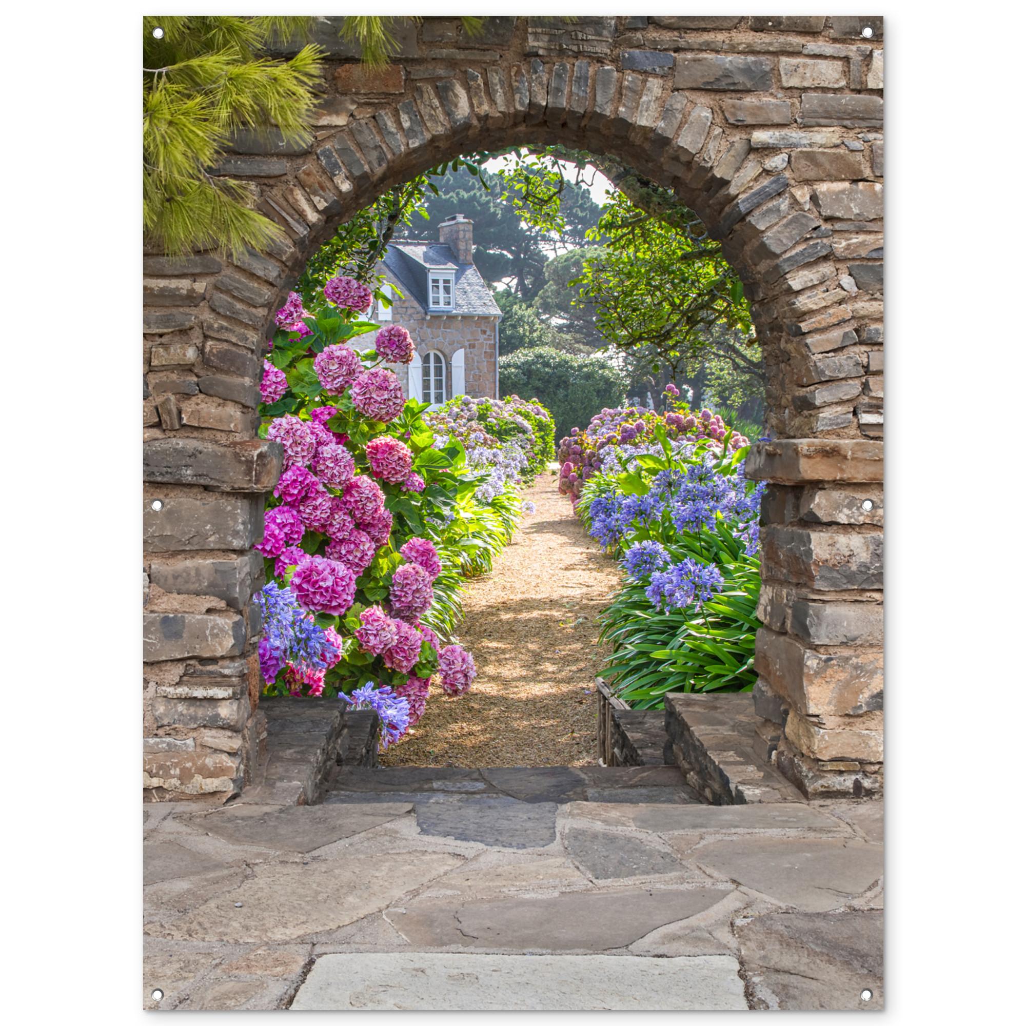 GARTENPOSTER Blumen - Guck-guck - Hortensie - Sommer Gartendekoration 120x160 cm - Braun, Kunststoff (120/160/0.2cm) - OnlyWow