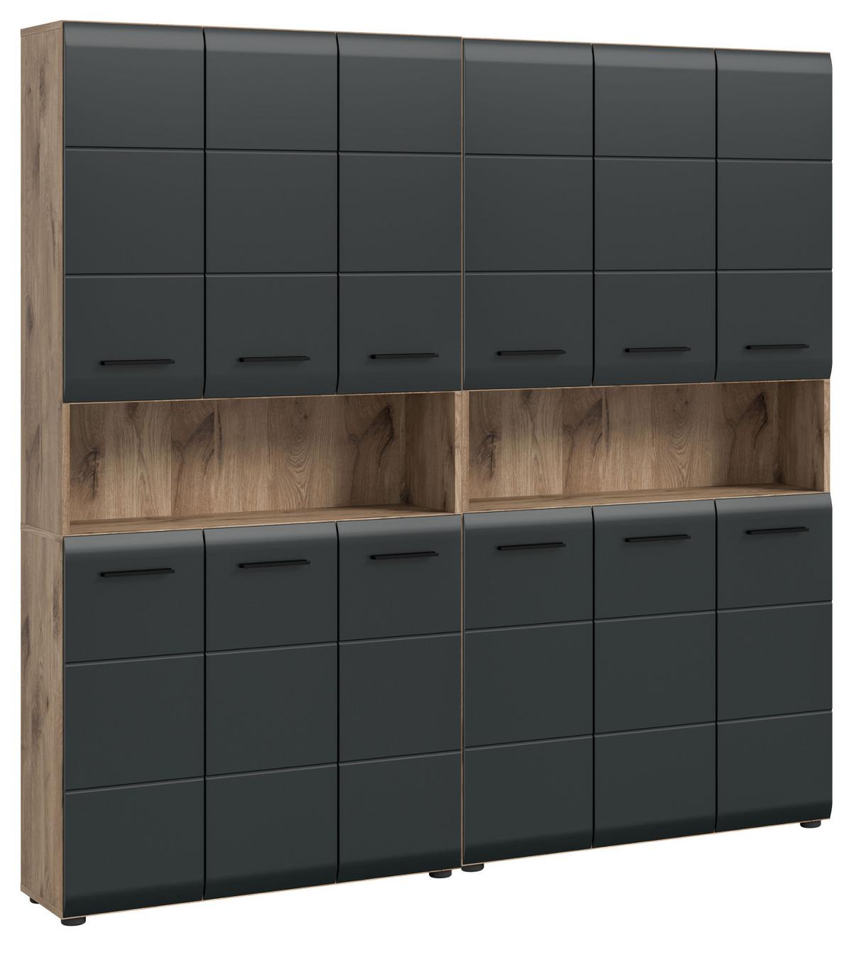 HOCHSCHRANK Badschrank Set Schwarz matt, Eiche 2x Mehrzweckschrank, 12-türig gesamt 180 x 185 cm - Eichefarben/Schwarz, Holzwerkstoff/Kunststoff (180/185/30cm) - Inn.Furn
