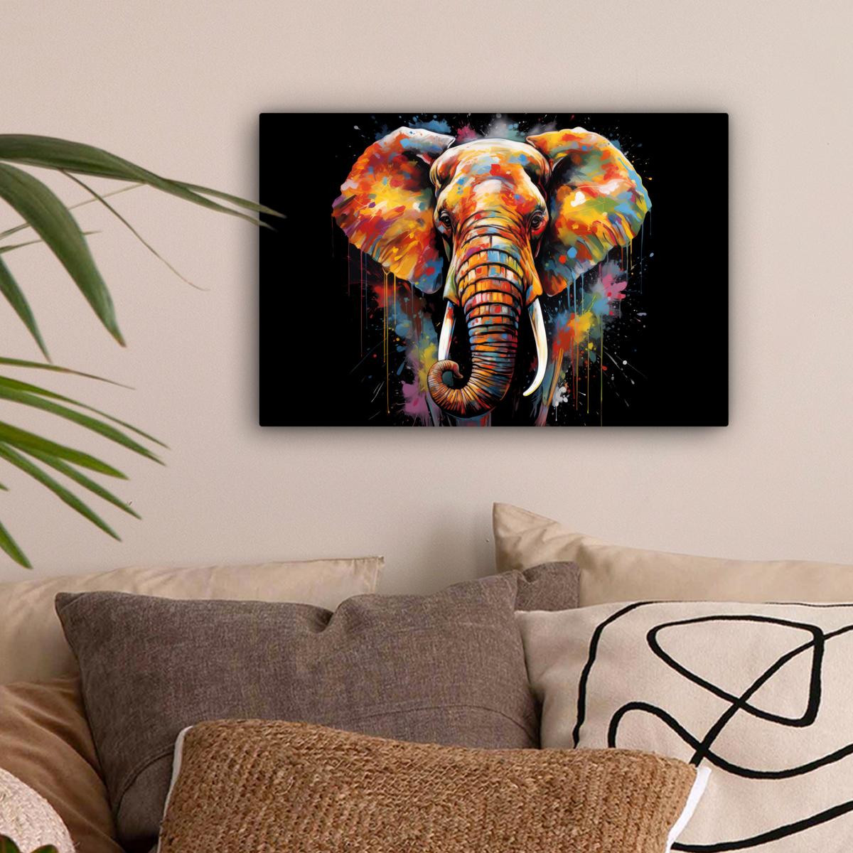LEINWANDBILD Elefant - Graffiti - Schwarz - Tiere - Farben Deko Schlafzimmer 30x20 cm - Schwarz, Textil (30/20cm) - MuchoWow