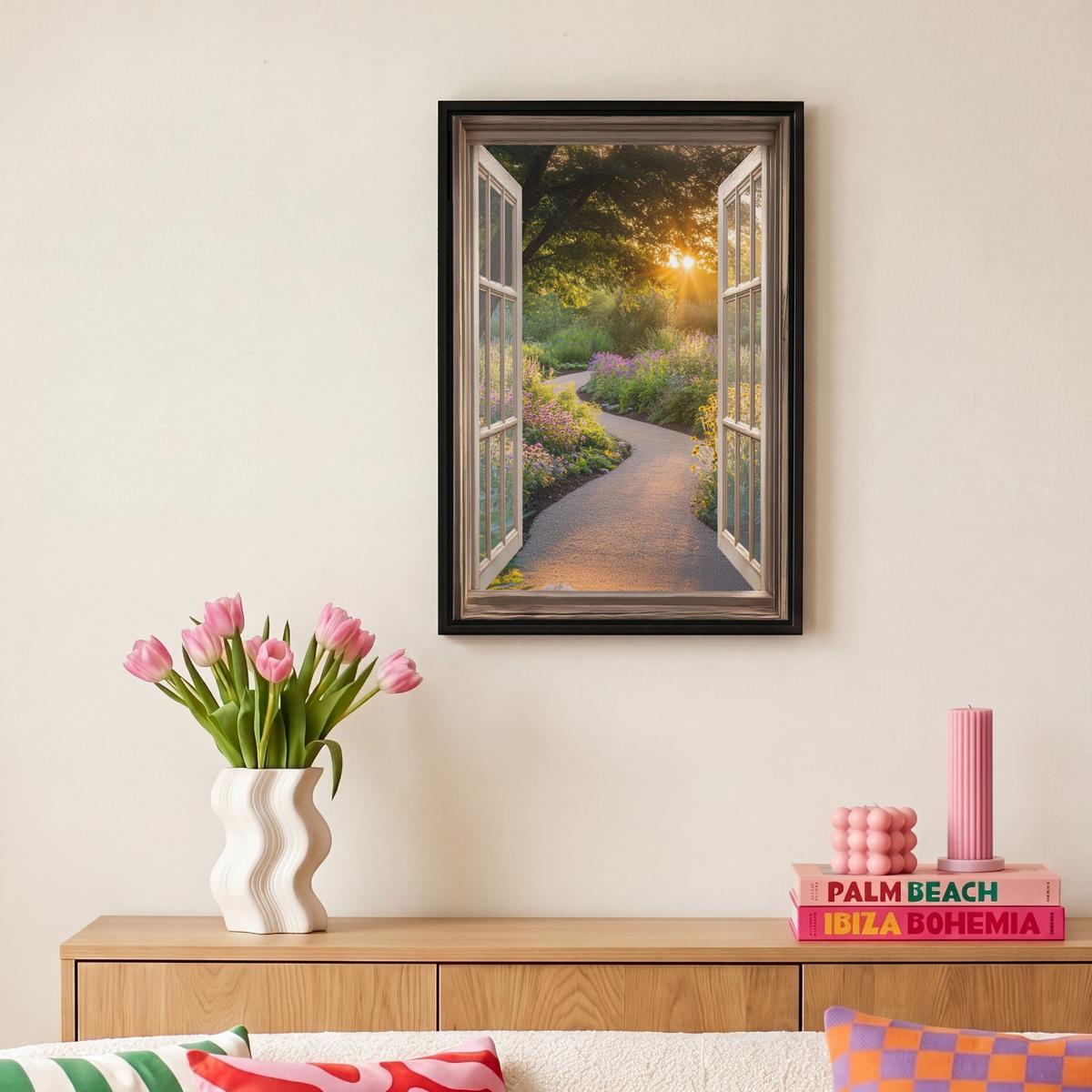 LEINWAND Bilder mit Rahmen - Aussicht - Blumen - Natur - Sonne - Weg - 20x30 - Hellgelb, Textil (20/30cm) - MuchoWow