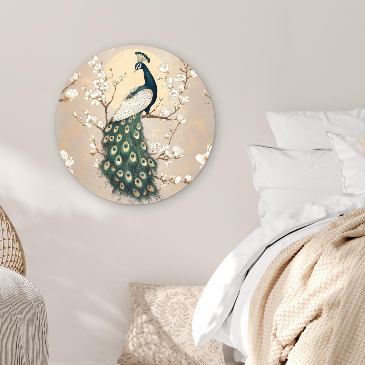 WANDBILD Pfau - Zweig - Blumen Wanddeko Schlafzimmer 60x60 cm - Champagner, Kunststoff (60/60cm) - MuchoWow