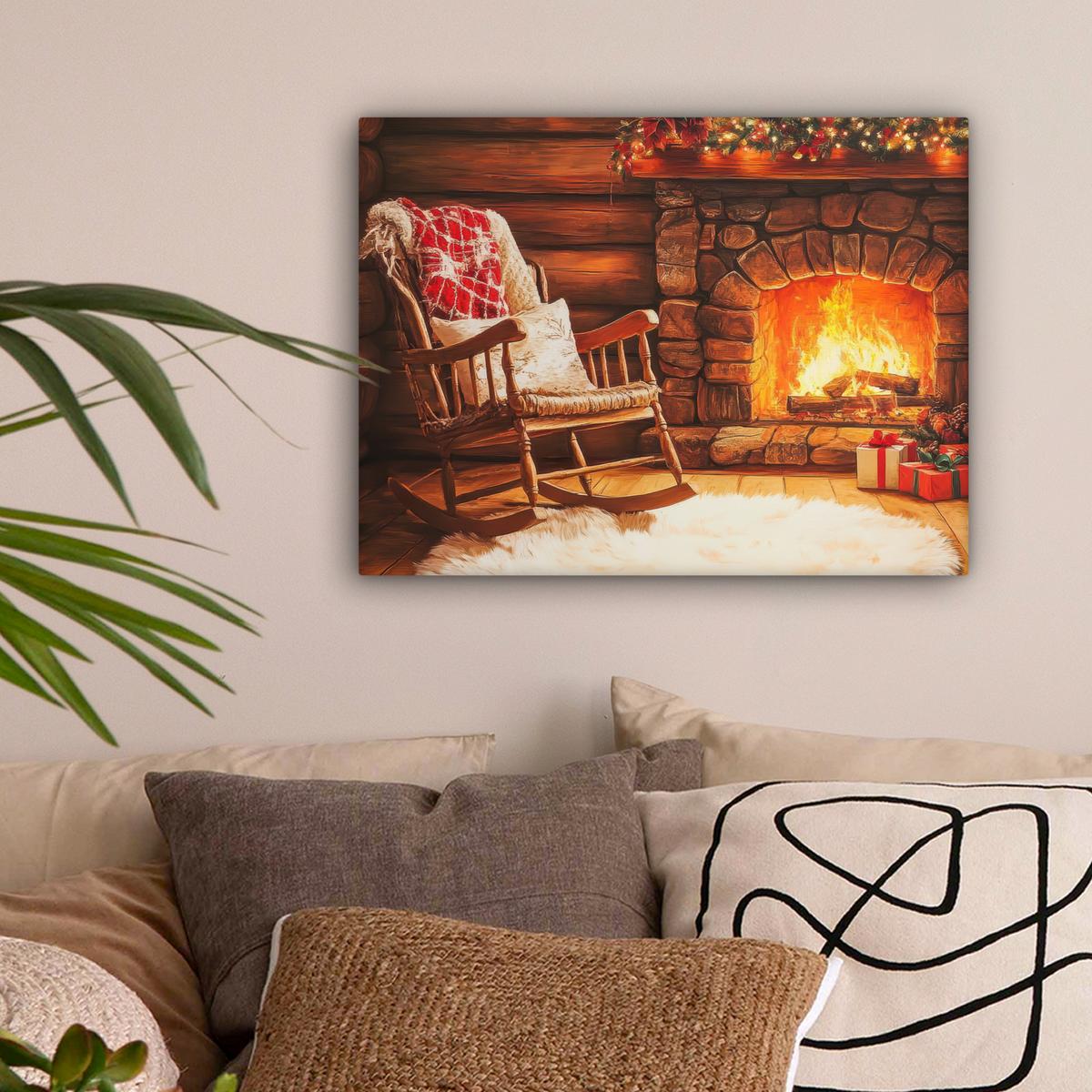LEINWANDBILD Winter - Weihnachten - Zuhause - Kamin Wandbild 40x30 cm - Bernsteinfarben, Textil (40/30cm) - MuchoWow