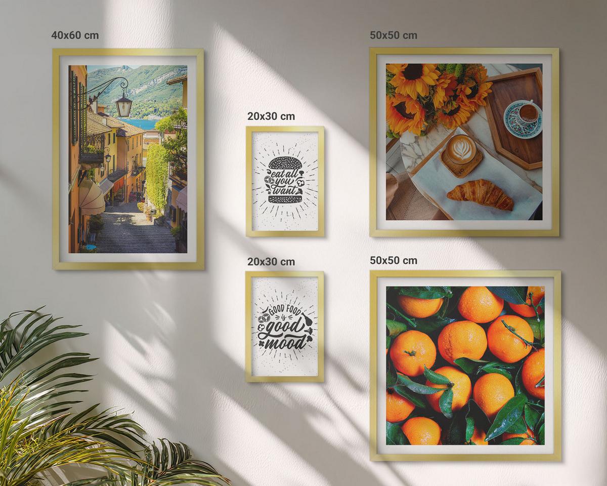BILDER SET 5er Set - 50x50 cm & 20x30 cm & 40x60 cm Goldrahmen - Juicy Oranges Kitchen - Goldfarben, Kunststoff (40/60cm) - TULUP