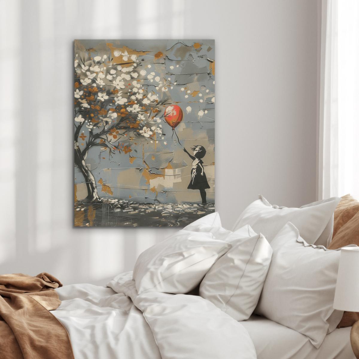 AKUSTIKBILD Baum - Graffiti - Banksy-Stil - Ballon-Mädchen Wandbilder 60x80 cm - Blaugrau, Kunststoff (60/80/0.9cm) - MuchoWow
