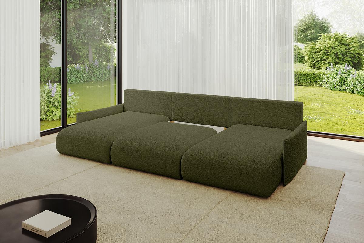 WOHNLANDSCHAFT mit Schlaffunktion und Bettkasten ONESK-U-v1 317x177x72 Grün Bouclé - Olivgrün, Holzwerkstoff/Kunststoff (317/72/177cm) - ALTDECOR