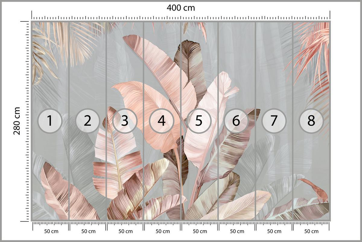 FOTOTAPETE für Esszimmer Tropische Pastell Bananenblätter 400x280 - Beige/Rosa, Papier (400/280cm) - Muralo