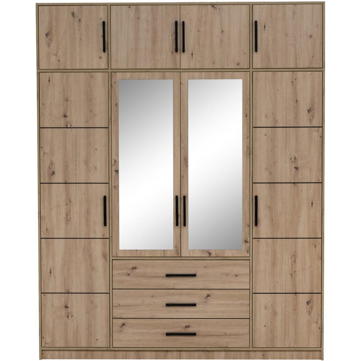 DREHTÜRENSCHRANK Kavo mit Aufsatz, Spiegel und 4 Türen, eiche Artisan - Schwarz/Eiche Artisan, Holzwerkstoff (200/245/58cm) - Beautysofa