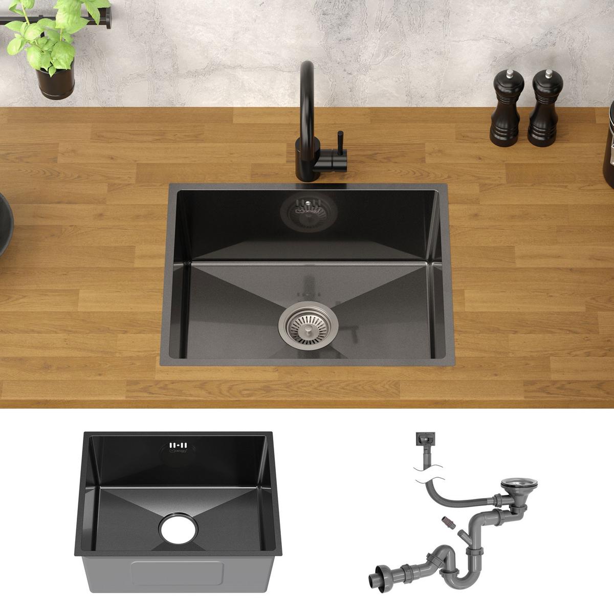 SPÜLBECKEN aus Edelstahl 50x40 cm Anthrazit mit Siphon - Anthrazit, Metall (50/20/40cm) - ML-DESIGN