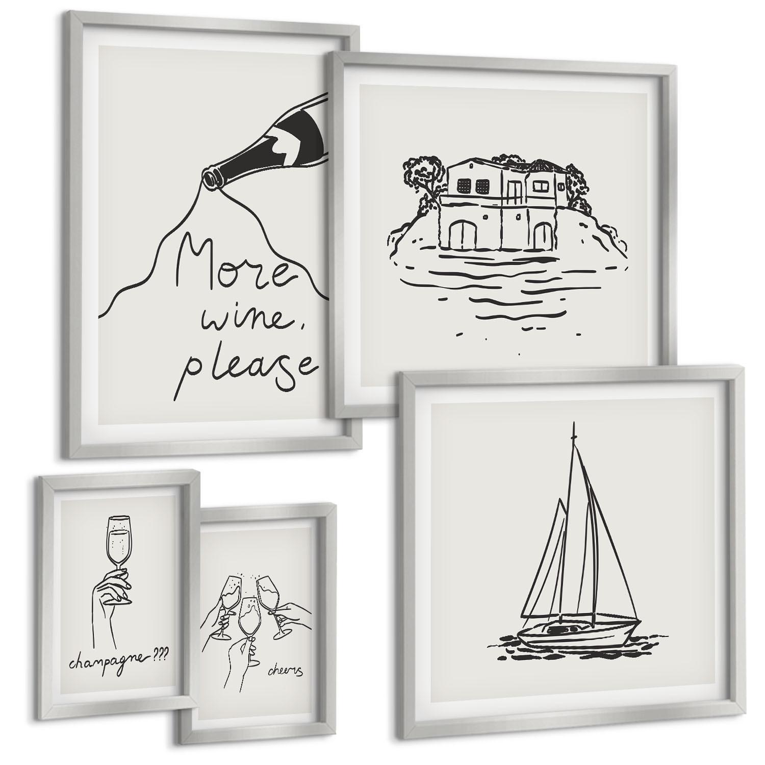 BILDER SET 5er Set - 50x50 cm & 20x30 cm & 40x60 cm Silberner Rahmen - Fröhliche Momente mit Champagner - Silberfarben, Kunststoff (40/60cm) - TULUP