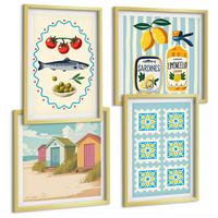BILDER SET 4er Set - 50x50 cm & 40x60 cm Goldrahmen - Illustrationen der mediterranen Küche - Goldfarben, Kunststoff (50/50cm) - TULUP