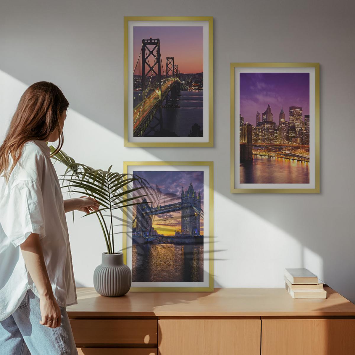 BILDER SET 3er Set - 40x60 cm Goldrahmen - Brücken, Sonne, Stadtblick - Goldfarben, Kunststoff (40/60cm) - TULUP