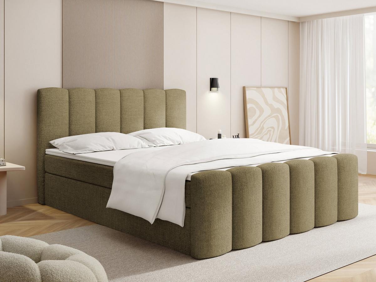 BOXBETT Serenity mit Bettkasten, Hell-Olivgrün Chenille 120x200 cm – inkl. H4 Taschenfederkern Matratze & Foam Topper - Schwarz/Olivgrün, Holz/Holzwerkstoff (120/200cm) - WFL GROUP