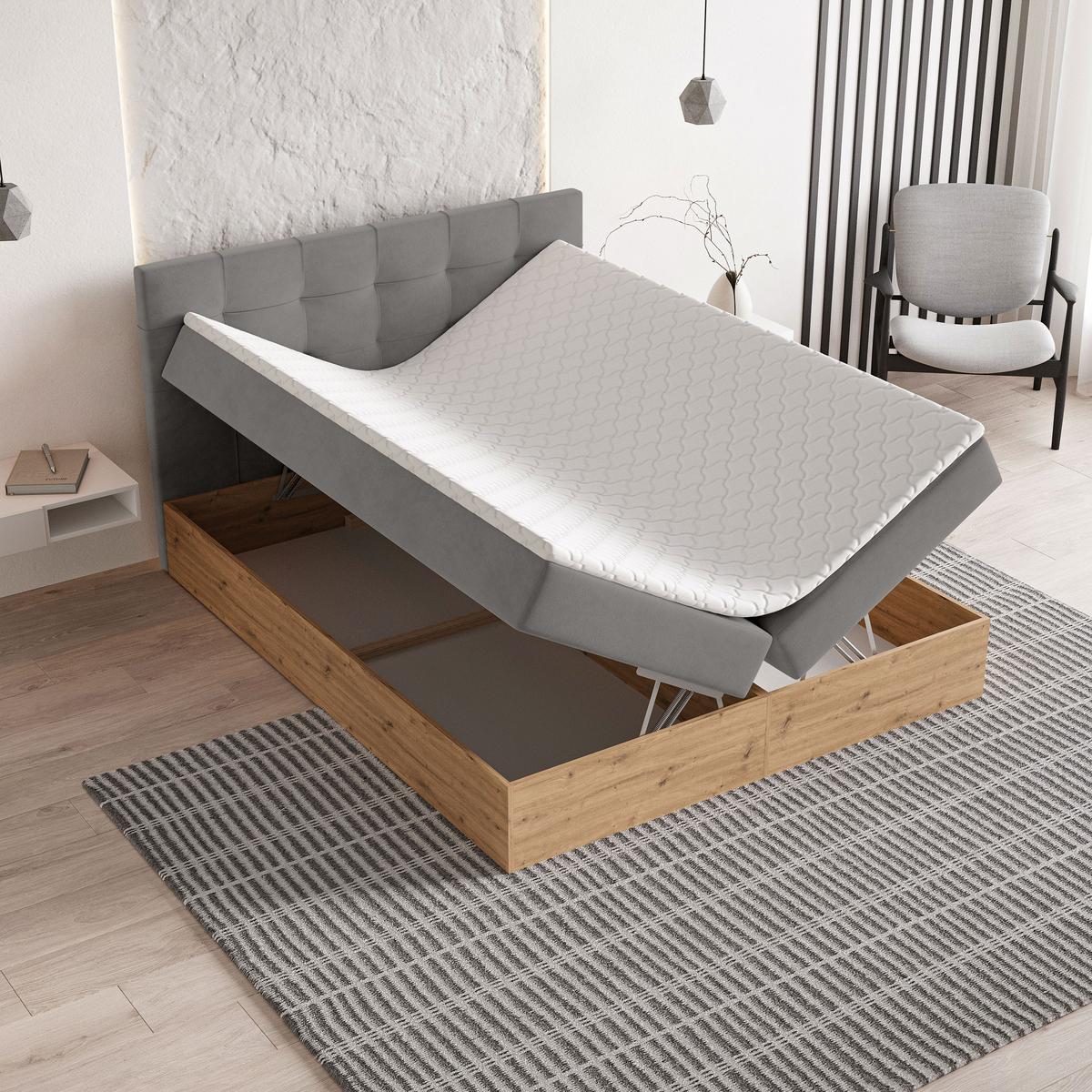 BOXBETT MOLVEN 160x200 cm mit Matratze und Topper - Grau - Grau, Holz (160/200cm) - MASSENO