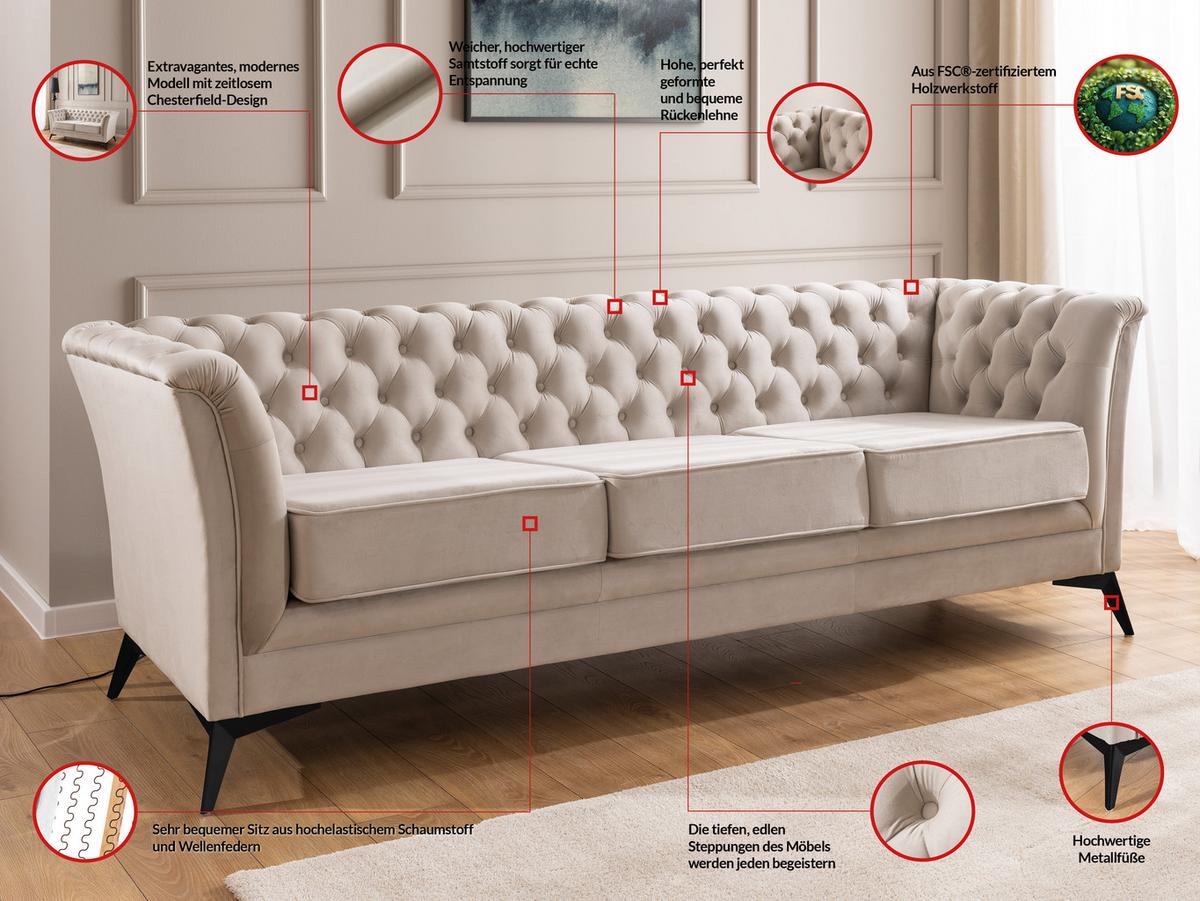 CHESTERFIELD-SOFA 3-sitzer Whitby Beige Samt mit schwarzen Füßen - Beige/Schwarz, Holz/Textil (237/78/82cm) - S-Style Möbel