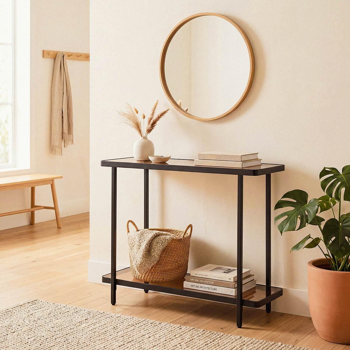 KONSOLE mit zwei Ablagen aus getöntem Glas B80 cm 30/80/80 cm - Schwarz, Metall (41.5/30/80cm) - Calicosy