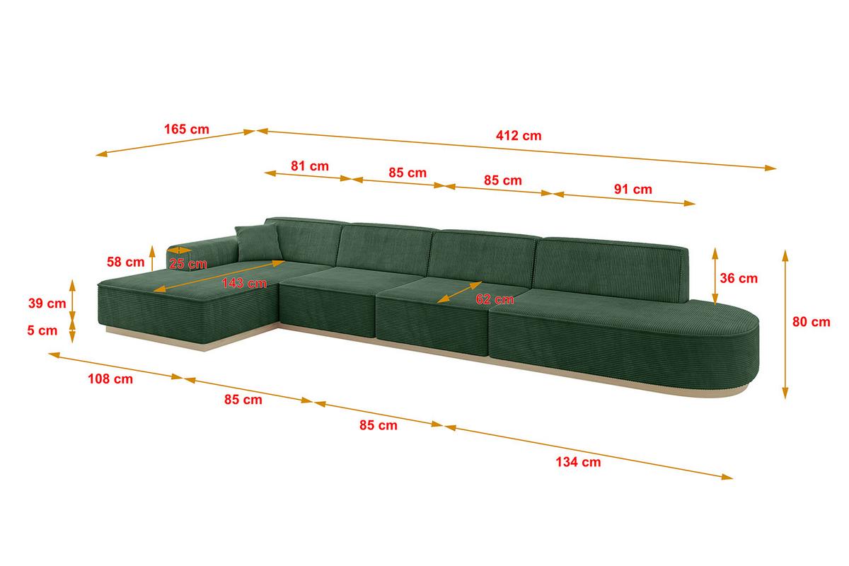 ECKSOFA Ottomane Links IREA-L3 - 412x165x80 cm Grün - Currygelb, Holzwerkstoff/Textil (412/165cm) - ALTDECOR