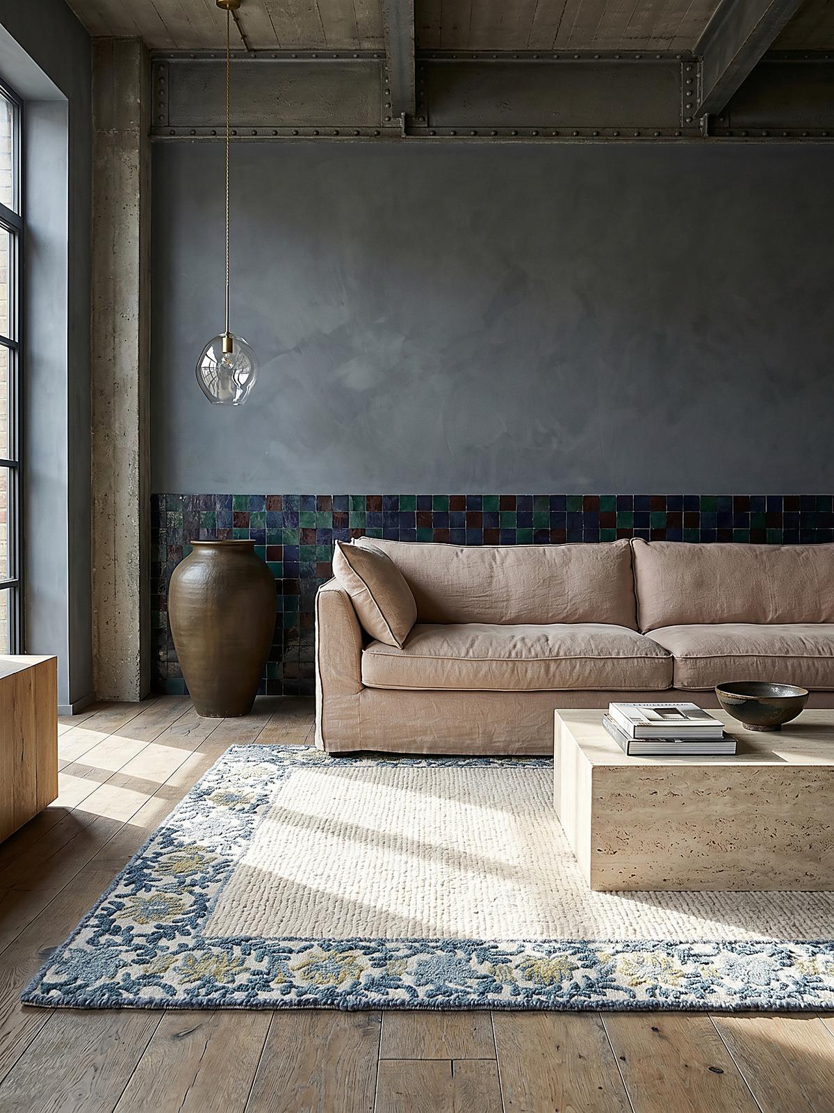 WOLLTEPPICH BROK, mit Bordüre, Blau, 200 x 290 cm - Blau, Textil (290/200cm) - KADIMA DESIGN