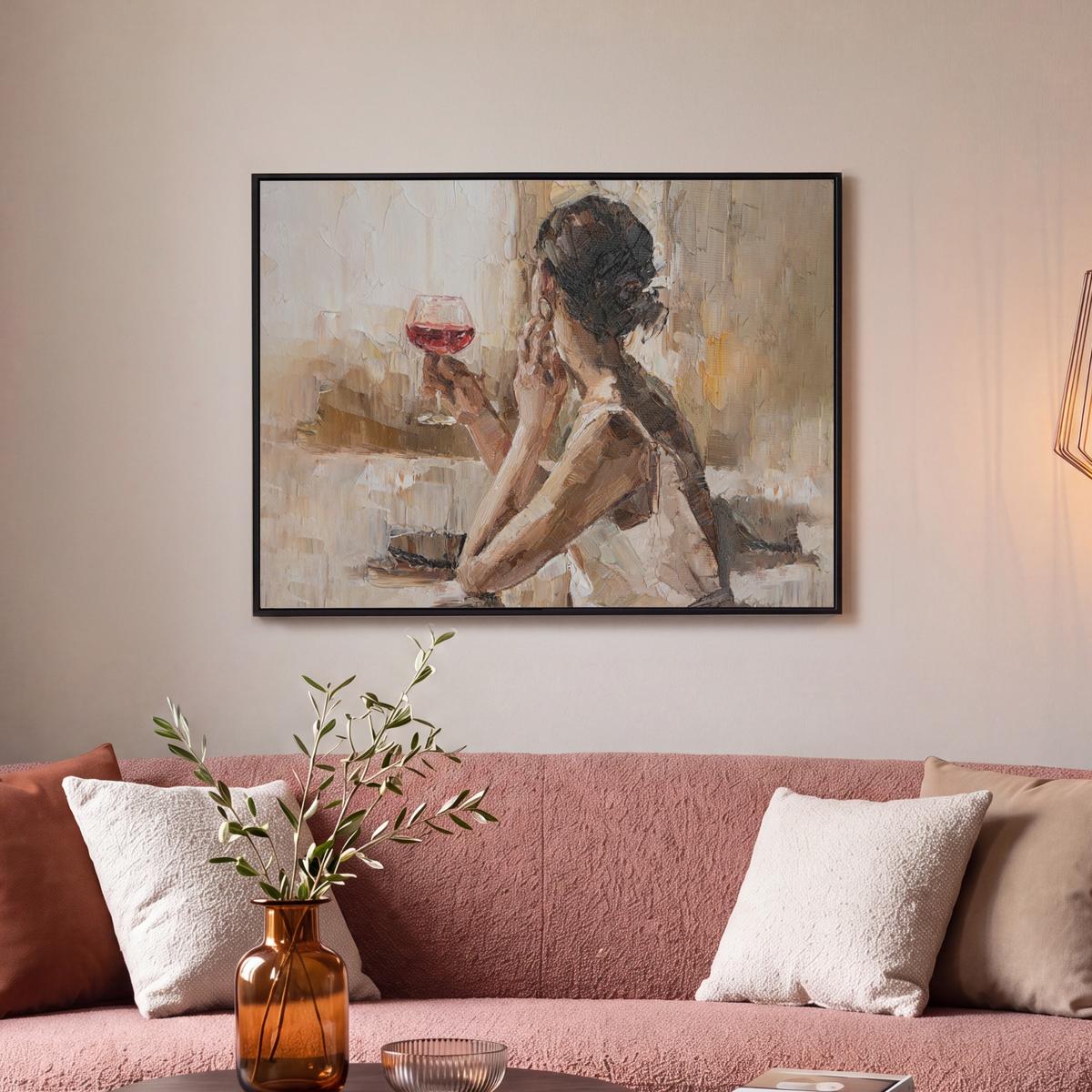 LEINWAND Bilder mit Rahmen - Ölgemälde - Frau - Wein - 70x50 - Hellbraun, Textil (70/50cm) - MuchoWow