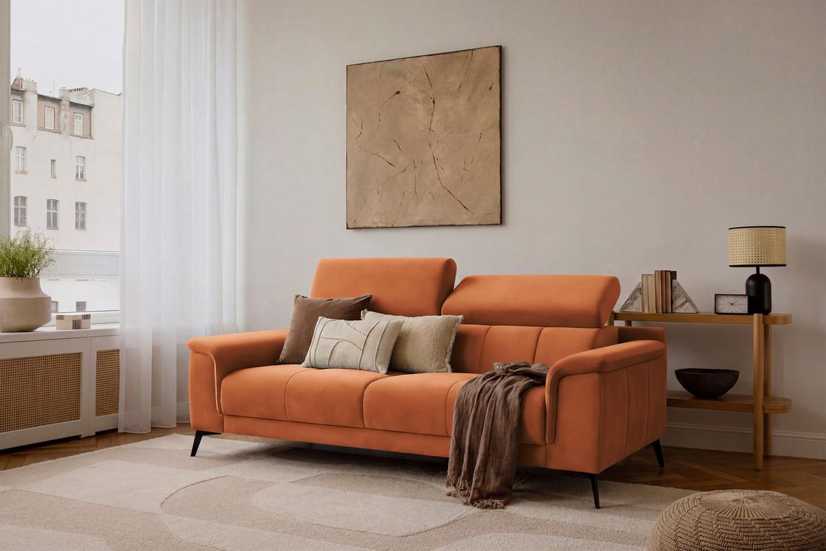 SOFA FIERO 3-Sitzer, Oranger Veloursstoff - Schwarz/Orange, Holz/Textil (212/82/103cm) - Courtois Laville