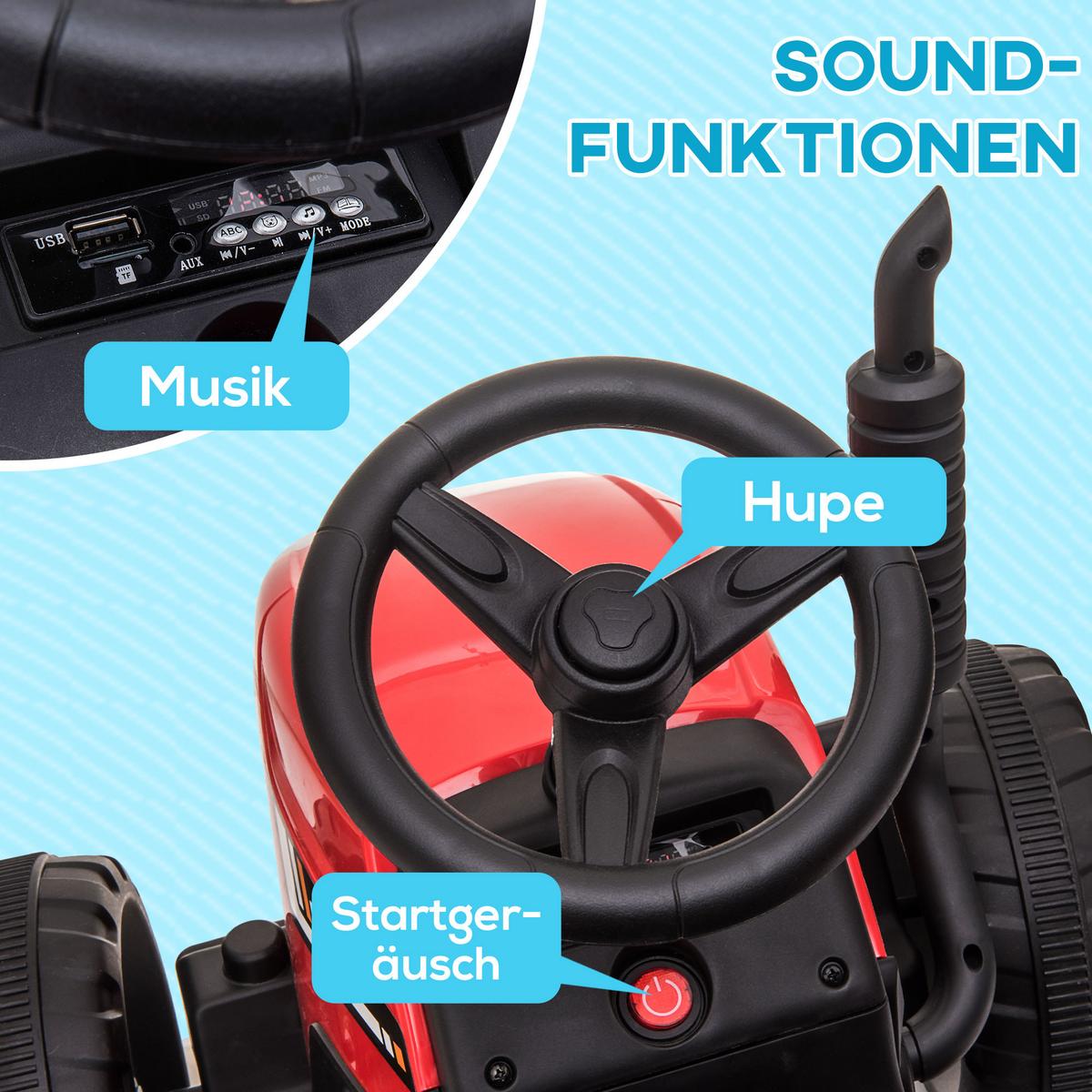 ELEKTRISCHER Traktor Kinder Aufsitztraktor mit MP3 Funktion, 3-6KM/H, Rot - Rot, Metall (136.5/50/52.5cm) - HOMCOM