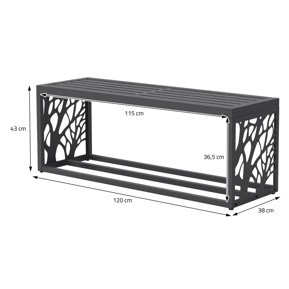 KAMINHOLZREGAL Innen/Aussen mit Sitzbank Metall Brennholzregal Anthrazit 120x38x43 cm Stahl Verzinkt Zweige-Motiv - Anthrazit, Metall (120/43/38cm) - ML-DESIGN