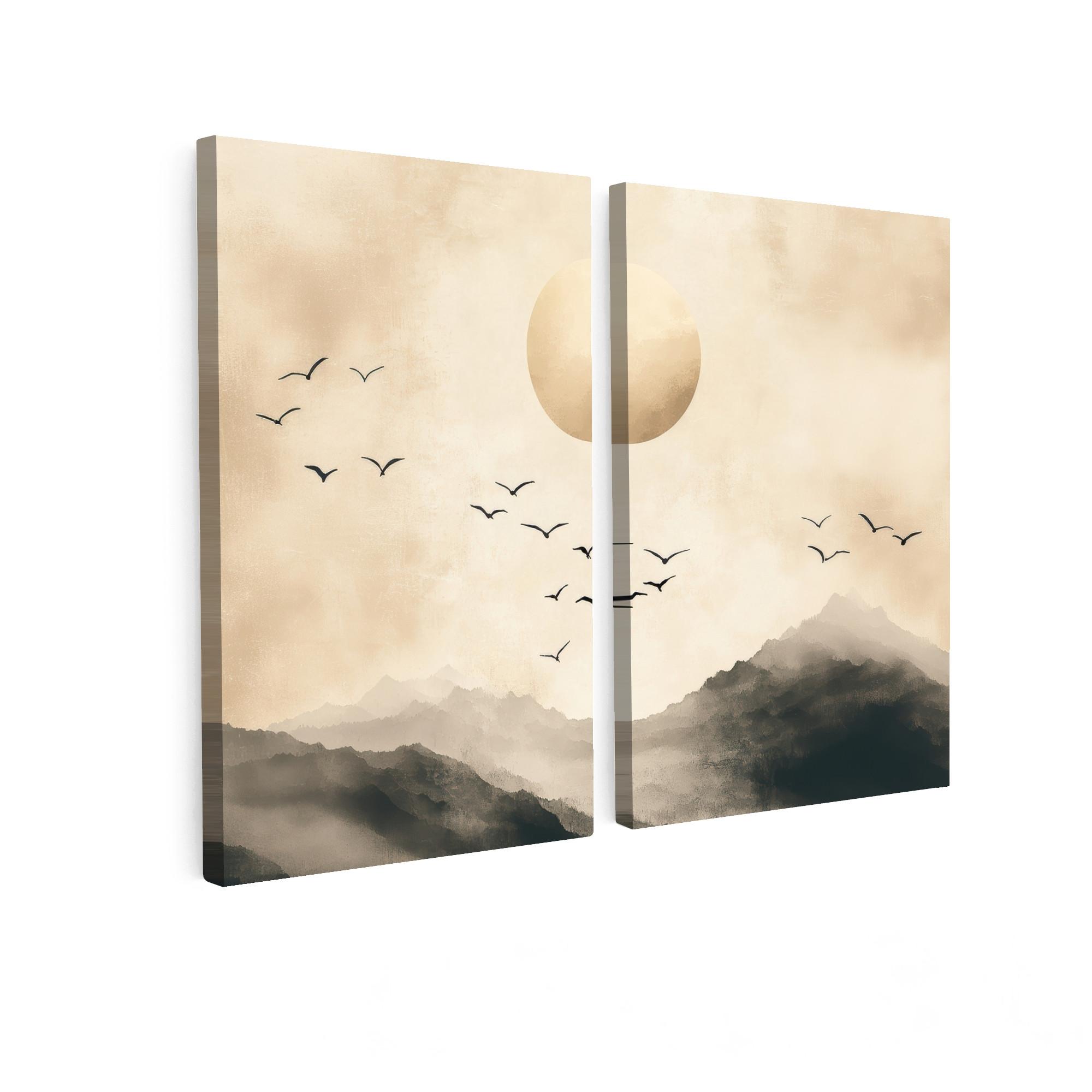 LEINWANDBILD 2er Set Landschaft - Japandi - Beige - Vögel 80x60 cm - Beige, Textil (80/60cm) - MuchoWow