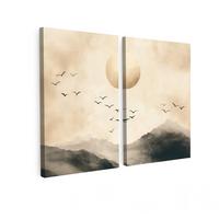 LEINWANDBILD 2er Set Landschaft - Japandi - Beige - Vögel 160x120 cm - Beige, Textil (160/120cm) - MuchoWow
