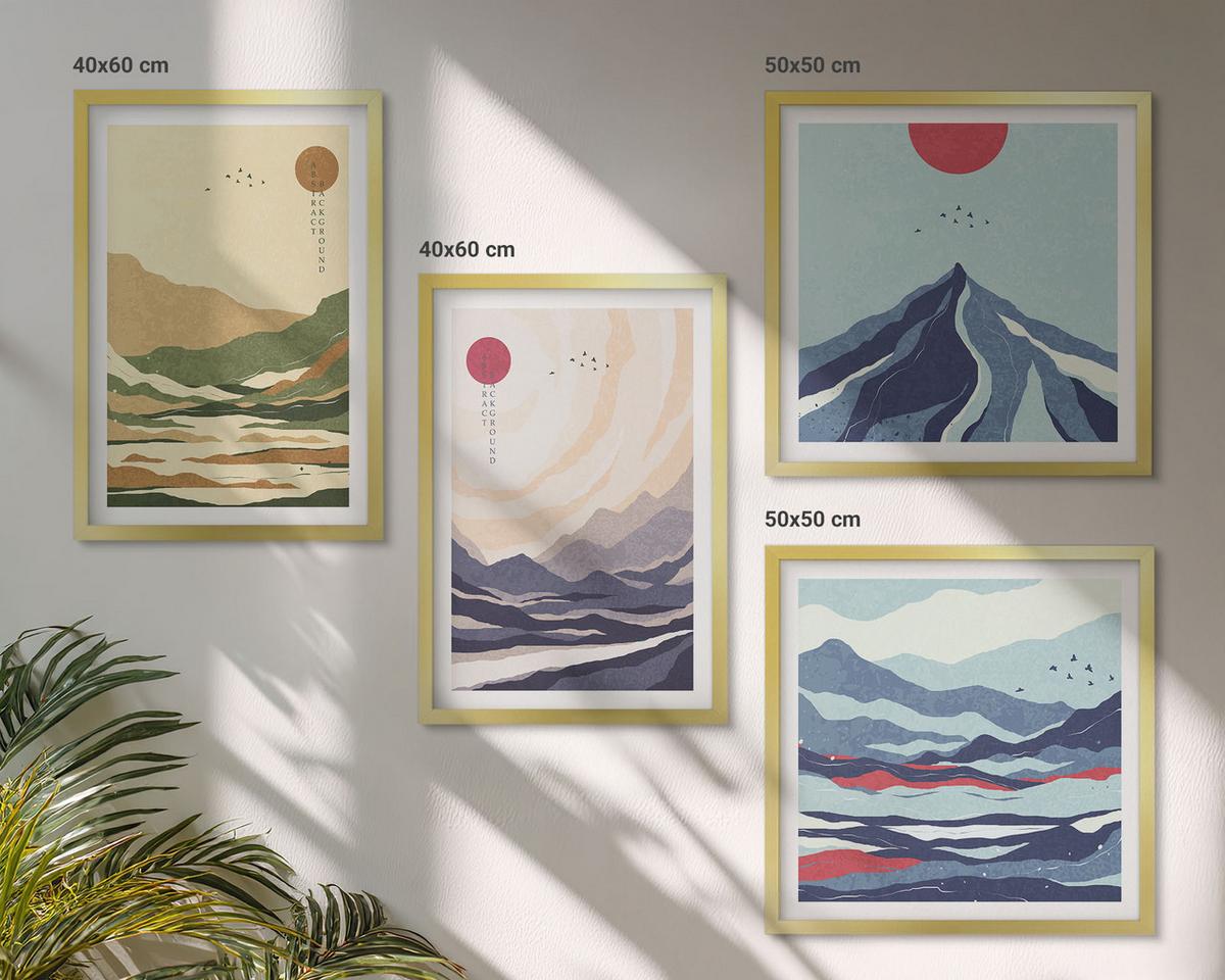 BILDER SET 4er Set - 50x50 cm & 40x60 cm Goldrahmen - Pastellfarbene Berge im Japandi-Stil - Goldfarben, Kunststoff (50/50cm) - TULUP