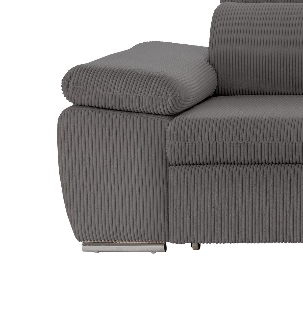 ECKSOFA mit Schlaffunktion, Bettkasten, Kopfstützen verstellbar, Wellenunterfederung, Ottomane rechts B283/T228/H102 cm, Cord Dunkelgrau / 17217 - Chromfarben/Dunkelgrau, Textil/Metall (283/228cm) - luma-home
