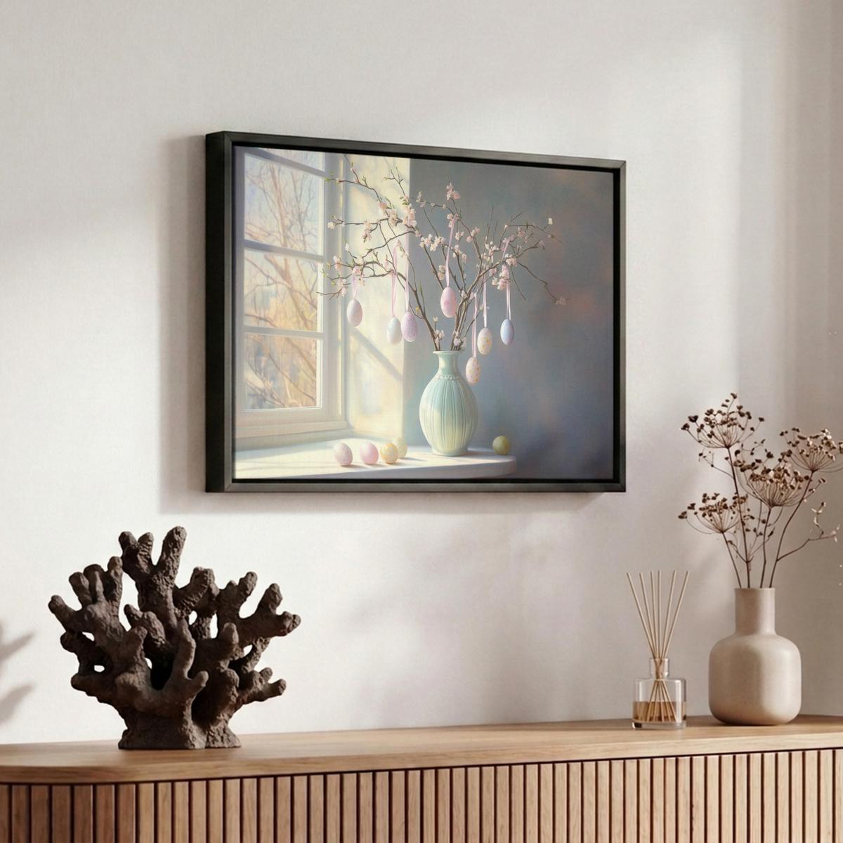 LEINWAND Bilder mit Rahmen - Stillleben - Vase - Osterzweig - 30x20 - Hellblau, Textil (30/20cm) - MuchoWow