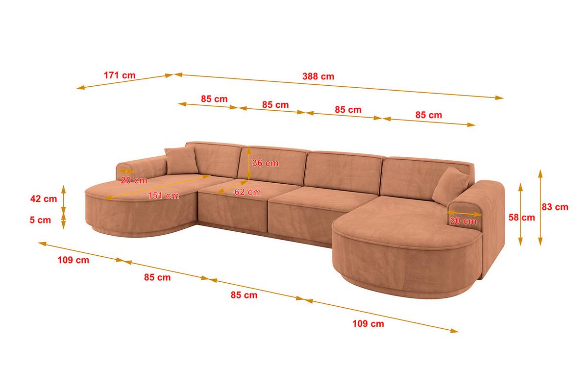 WOHNLANDSCHAFT MARI-U2-v3 - 388x171x83 cm Orange Velours - Schwarz/Orange, Holzwerkstoff/Kunststoff (388/83/171cm) - ALTDECOR