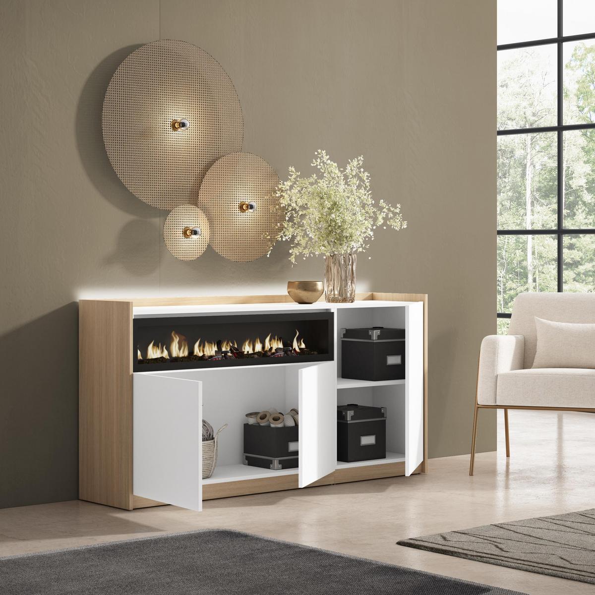 SIDEBOARD, Weiß und Eiche, 156/37/80cm, Kamin mit Feuereffekt - Weiß, Holzwerkstoff (156/80/37cm) - Skraut Home