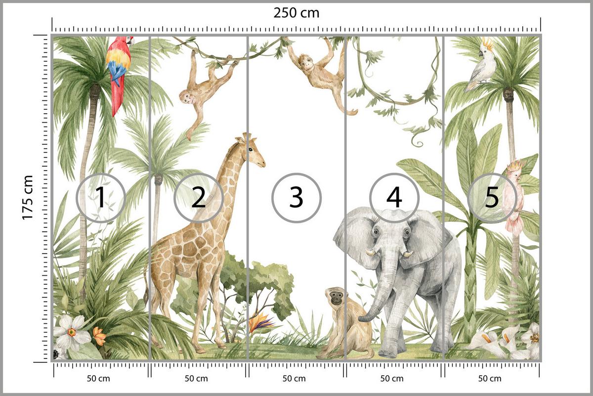 FOTOTAPETE für Kinderzimmer Dschungel Tiere Giraffe Elefant Palmen 250x175 - Beige/Rot, Papier (250/175cm) - Muralo