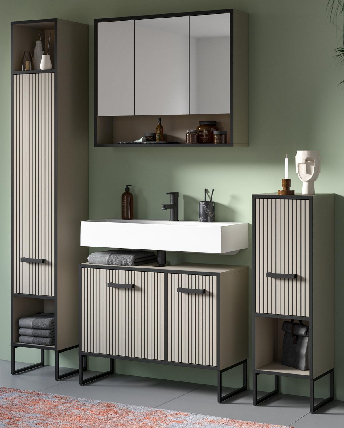 BADMÖBEL-SET 4-teilig Sand und schwarz 170 cm, Badkombination mit Soft-Close - Sandfarben/Schwarz, Glas/Holzwerkstoff (170/192/36cm) - Inn.Furn