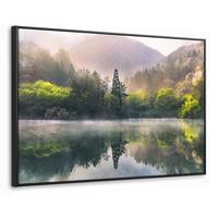 LEINWAND Bilder mit Rahmen - Natur - Bäume - Berge - See - Wasser - 140x90 - Hellgrün, Textil (140/90cm) - MuchoWow
