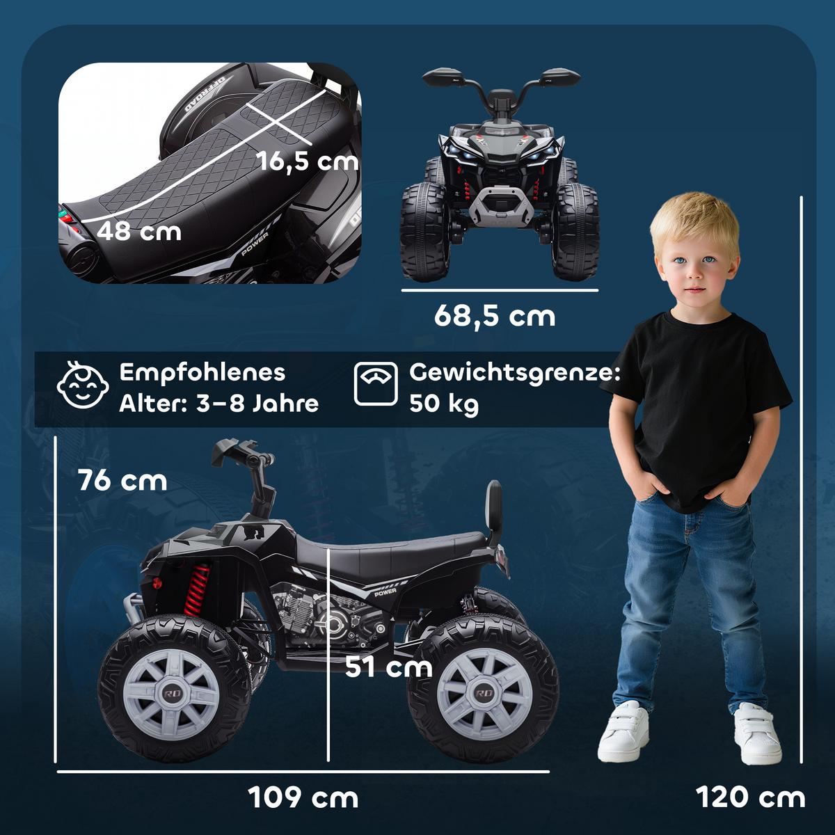 KINDER-ELEKTROQUAD 24V mit Vorwärts-, Rückwärtsfunktion, 2 Sitzer, Schwarz - Schwarz, Kunststoff (109/68.5/76cm) - AIYAPLAY