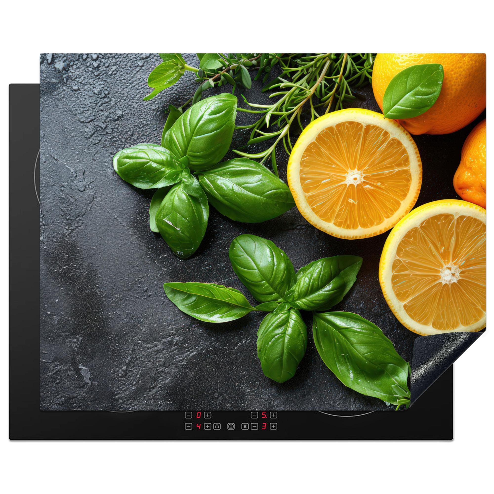 HERDABDECKPLATTE Obst - Grau - Konkret - Orange - Pflanzen Herdabdeckung Induktionsfeld 65x52 cm - Anthrazit, Kunststoff (65/52/0.2cm) - MuchoWow