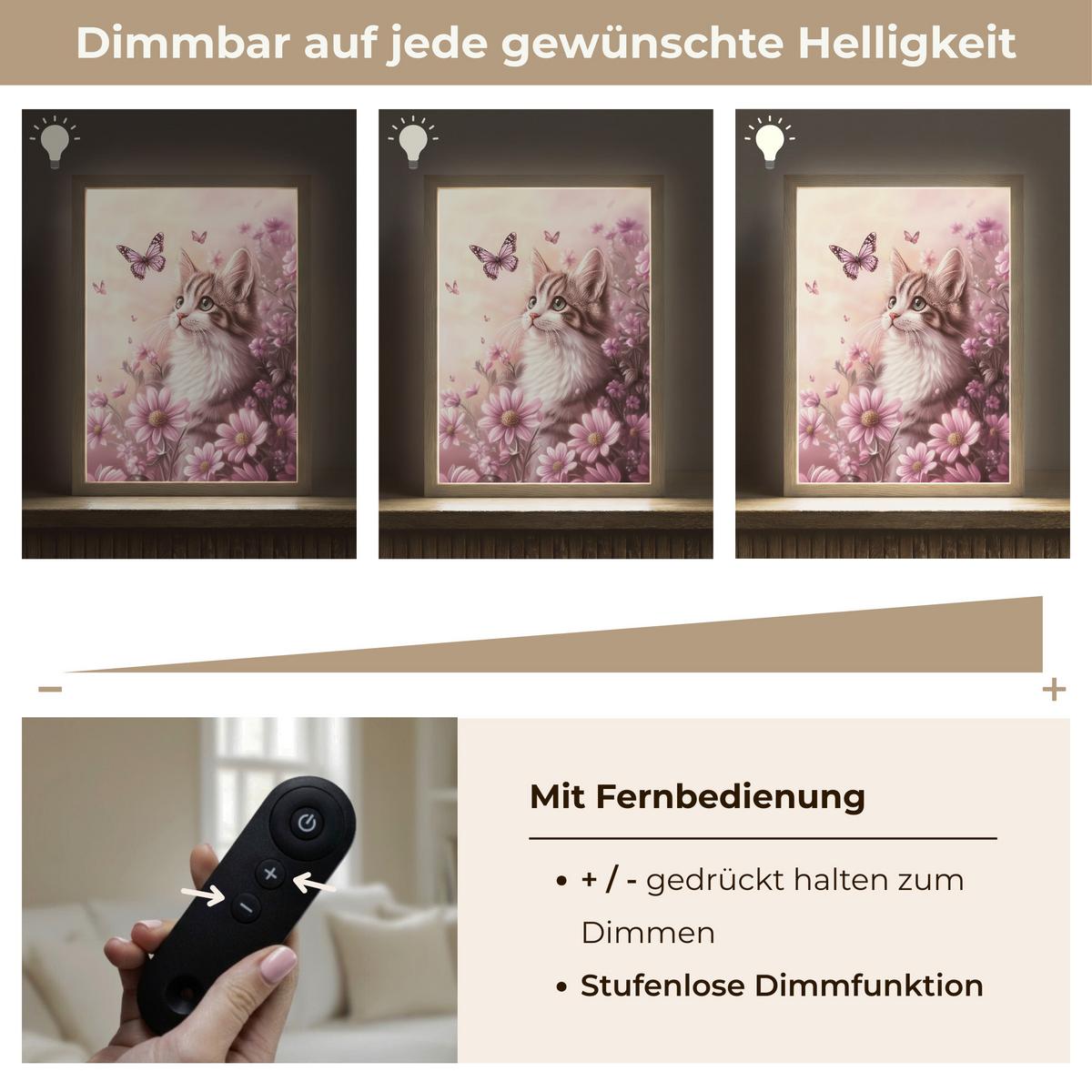 WANDLEUCHTE MIT AKKU Kätzchen - Blumen - Schmetterlinge - Lila 30x40 cm - Altrosa, Holzwerkstoff (30/40/8cm) - OnlyWow