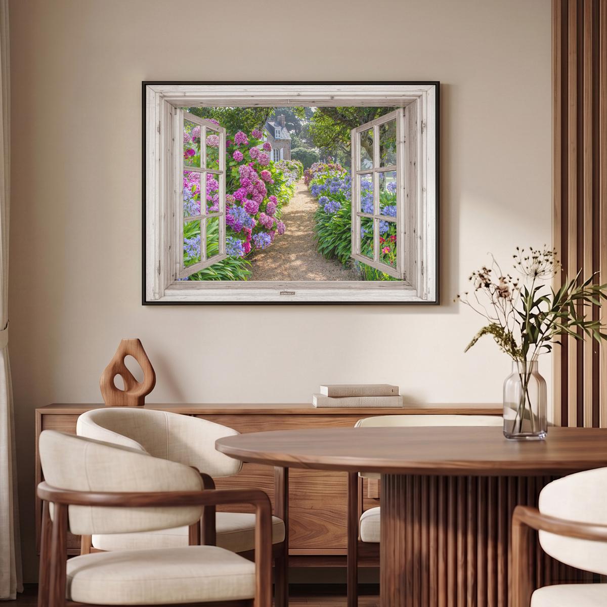 LEINWAND Bilder mit Rahmen - Hortensie - Durchsichtig - Blumen - Sommer - Lila - Weg - 100x70 - Lila, Textil (100/70cm) - MuchoWow