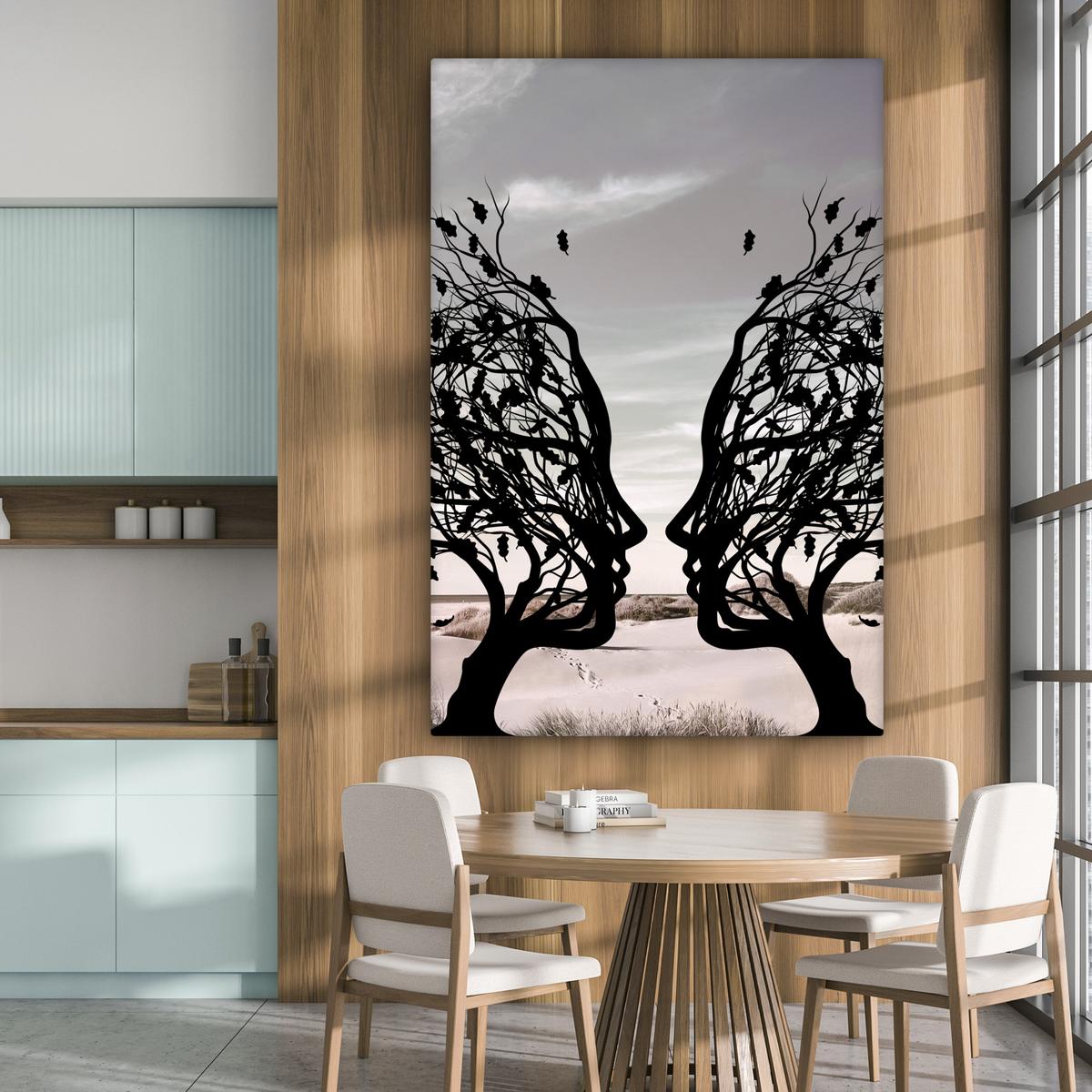 LEINWANDBILD Strand - Meer - Menschen - Baum - Moderne Kunst Deko Groß 90x140 cm - Hellgrau, Textil (90/140cm) - MuchoWow