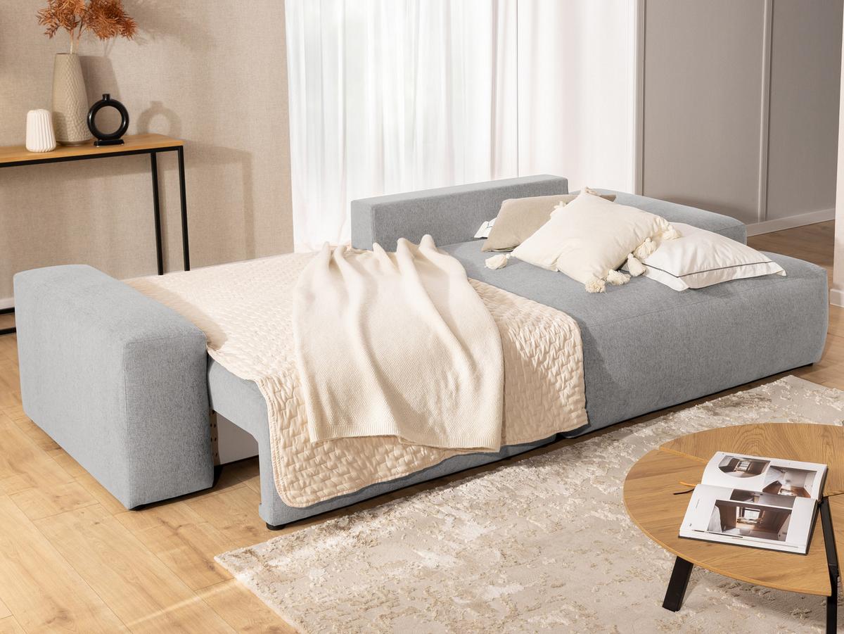 ECKSOFA inkl. Hocker Lennon aus Hellgrau Strukturstoff mit Schlaffunktion und Bettkasten - Hellgrau/Schwarz, Holz/Kunststoff (264/137cm) - S-Style