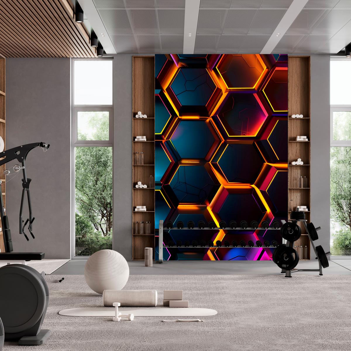 FOTOTAPETE für Jugendzimmer Schwarz Neon Hexagone 300x210 - Gelb/Schwarz, Papier (300/210cm) - Muralo
