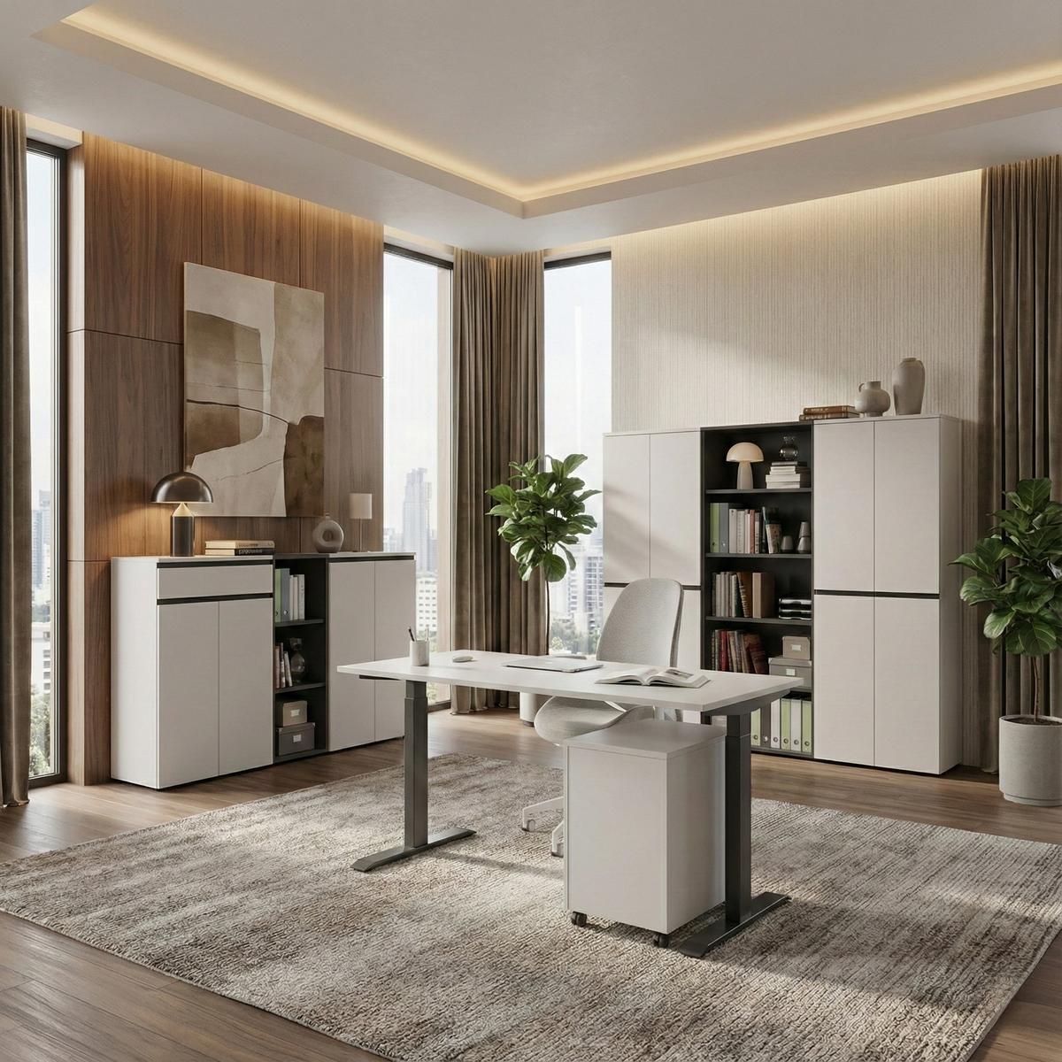 BÜROMÖBEL Set 2-teilig | Schreibtisch 140x80cm & Rollcontainer Greige/Schwarz | Einstellbar 68-91 cm & Soft-Close - Beige, Holzwerkstoff/Metall (80/195/91cm) - KADIMA DESIGN