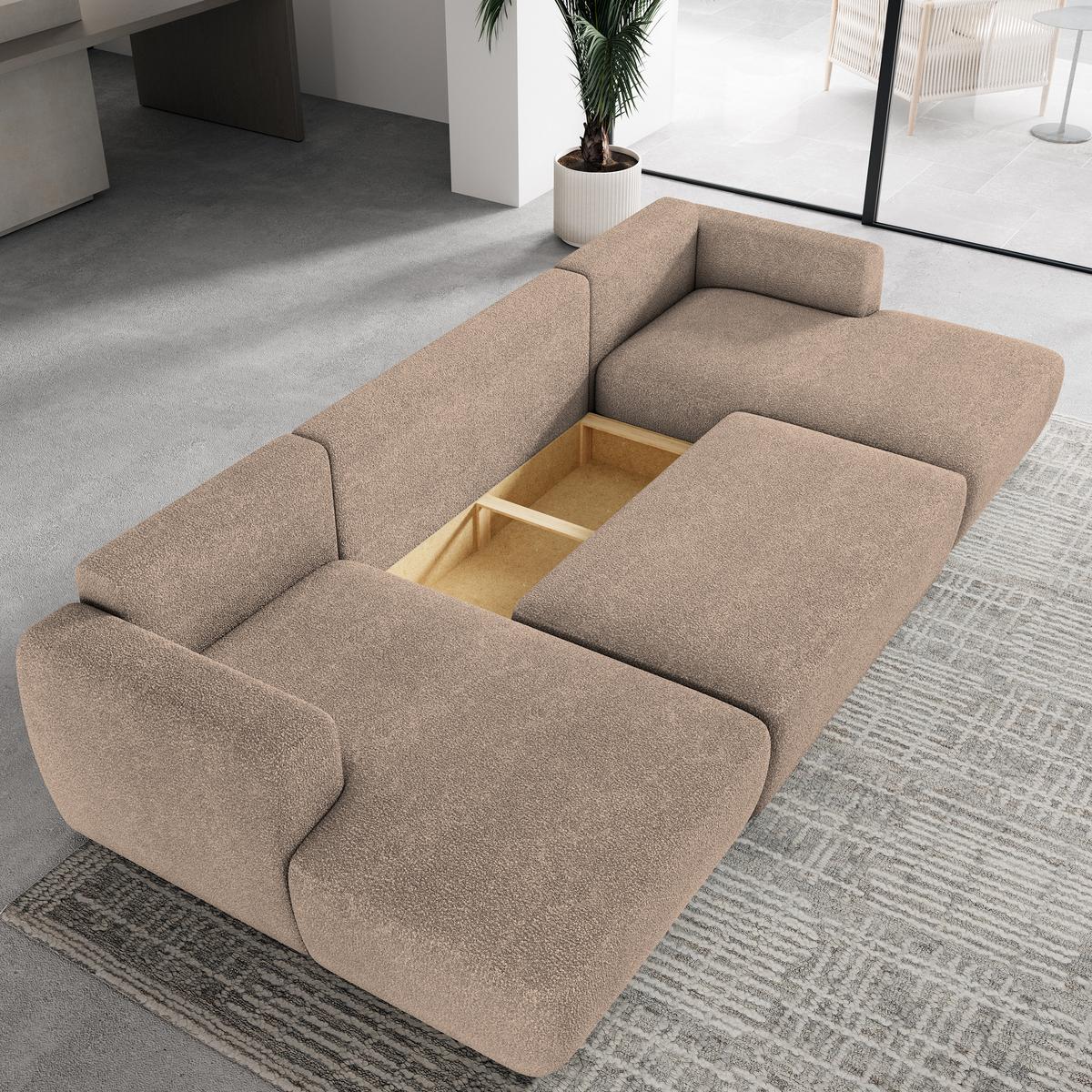 WOHNLANDSCHAFT SENTUM N Beige Boucle-Stoff mit Schlaffunktion - Beige/Schwarz, Holz/Kunststoff (330/90/148cm) - MASSENO