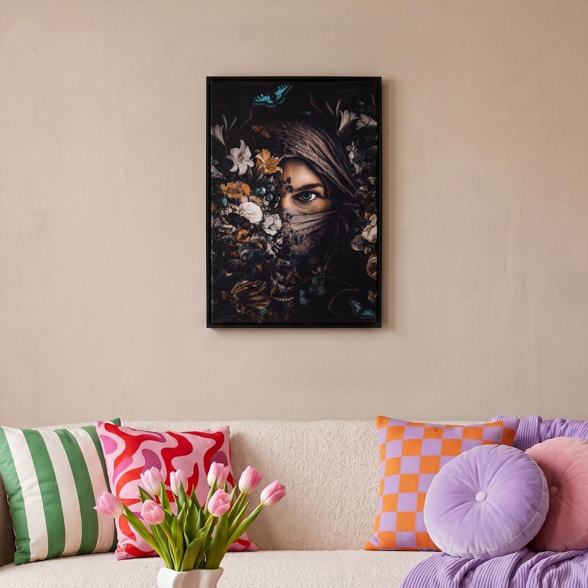 LEINWAND Bilder mit Rahmen - Frau - Luxus - Blumen - Schmetterling - Porträt - 40x60 - Schwarz, Textil (40/60cm) - MuchoWow