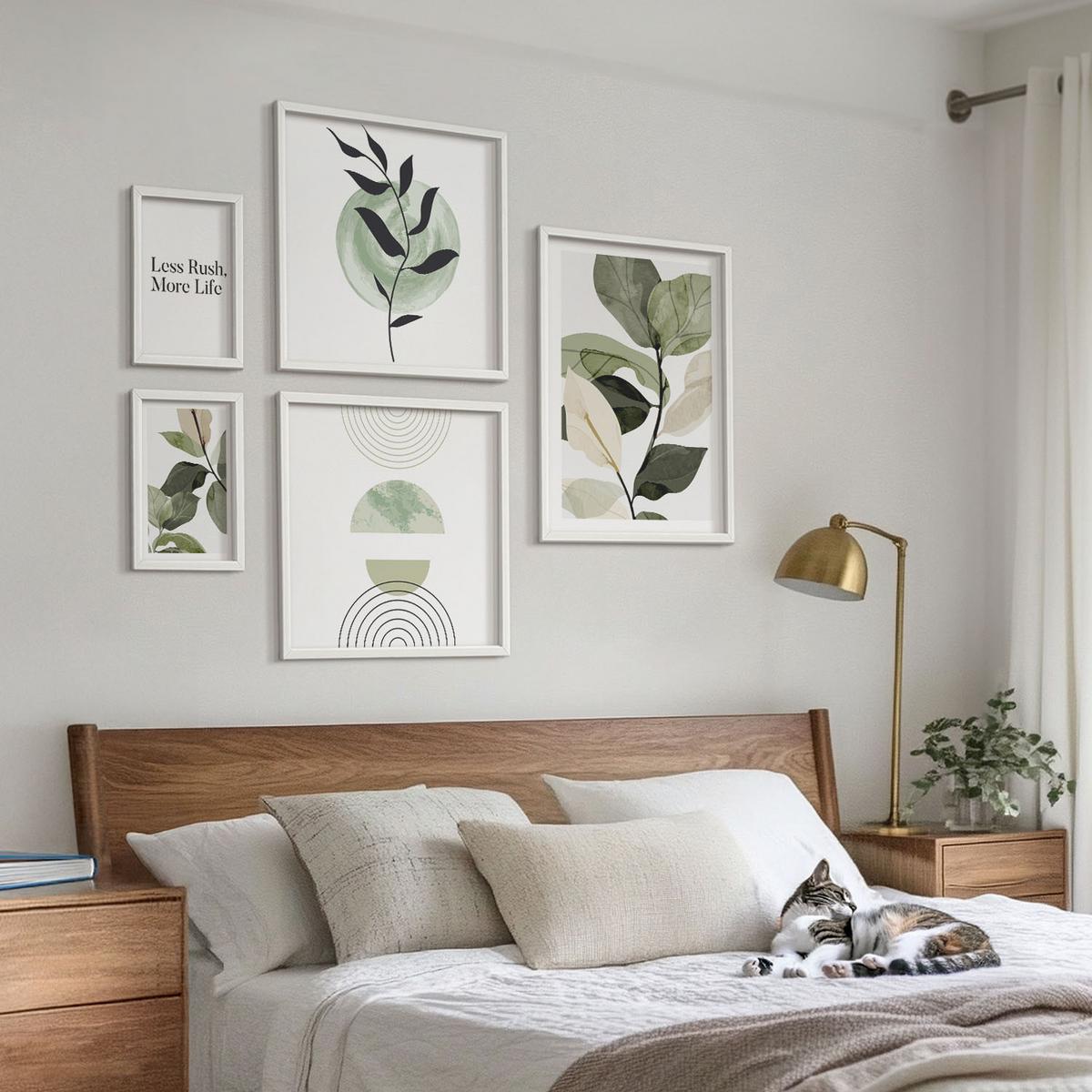 BILDER SET 5er Set - 50x50 cm & 20x30 cm & 40x60 cm Weißer Rahmen - Geometrische Pflanzenformen - Weiß, Kunststoff (40/60cm) - TULUP