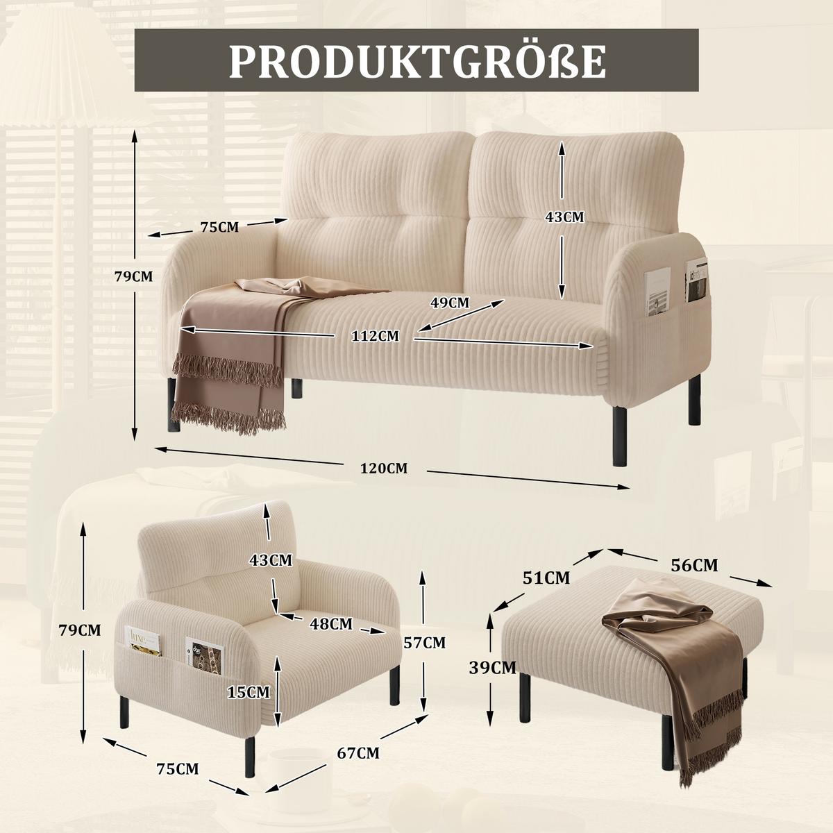 SITZGARNITUR 3-teiliges mit Hocker und Seitentasche - Beige, Textil (120/79/75cm) - Urban Meuble