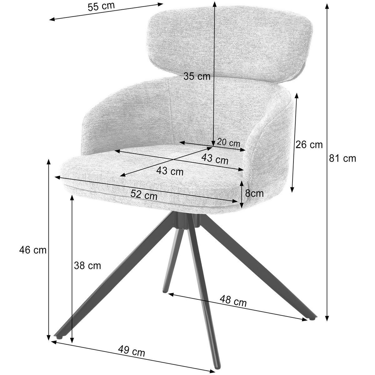 DREHSTUHL Tuso, Polsterstuhl mit Armlehnen und Kopfstütze, Bouclé-Stoff, Hellgrau - Hellgrau/Schwarz, Metall (49/81/55cm) - Beautysofa